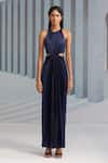 Shop_Pleats by Aruni_Blue Crepe Plain Round Halter Neck Pleated Gown _Online_at_Aza_Fashions