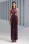 Shop_Pleats by Aruni_Purple Crepe Plain Round Halter Neck Pleated Gown _Online_at_Aza_Fashions