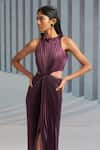 Buy_Pleats by Aruni_Purple Crepe Plain Round Halter Neck Pleated Gown 