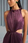 Shop_Pleats by Aruni_Purple Crepe Plain Round Halter Neck Pleated Gown _at_Aza_Fashions