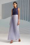 Buy_Pleats By Aruni_Blue Crepe Plain Round Colorblock Pleated Gown_at_Aza_Fashions
