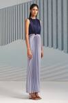 Buy_Pleats By Aruni_Blue Crepe Plain Round Colorblock Pleated Gown_Online_at_Aza_Fashions