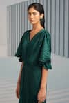 Shop_Pleats by Aruni_Green Crepe Plain V Neck Flared Sleeve Pleated Gown _Online_at_Aza_Fashions