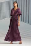 Buy_Pleats By Aruni_Purple Crepe Plain V Neck Flared Sleeve Pleated Gown For Women_at_Aza_Fashions