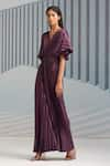 Buy_Pleats by Aruni_Purple Crepe Plain V Neck Flared Sleeve Pleated Gown 