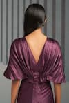 Pleats By Aruni_Purple Crepe Plain V Neck Flared Sleeve Pleated Gown For Women_Online