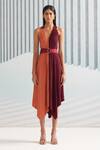 Buy_Pleats by Aruni_Maroon Pleats Plain V Neck Halter Dress _at_Aza_Fashions