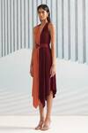 Shop_Pleats by Aruni_Maroon Pleats Plain V Neck Halter Dress _Online_at_Aza_Fashions