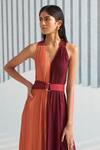 Pleats by Aruni_Maroon Pleats Plain V Neck Halter Dress _at_Aza_Fashions