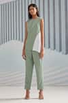 Pleats By Aruni_Green Crepe With Pleated Detail Plain Round Colorblock Top _Online_at_Aza_Fashions