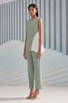 Buy_Pleats By Aruni_Green Crepe With Pleated Detail Plain Round Colorblock Top _Online_at_Aza_Fashions