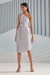 Buy_Pleats by Aruni_Silver Satin Crepe Plain Asymmetric One Shoulder Pleated Dress _at_Aza_Fashions