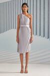 Pleats by Aruni_Silver Satin Crepe Plain Asymmetric One Shoulder Pleated Dress _Online_at_Aza_Fashions