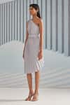 Buy_Pleats by Aruni_Silver Satin Crepe Plain Asymmetric One Shoulder Pleated Dress _Online_at_Aza_Fashions