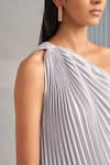 Pleats by Aruni_Silver Satin Crepe Plain Asymmetric One Shoulder Pleated Dress _at_Aza_Fashions