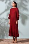 Pleats by Aruni_Maroon Polyester Pleated Frill Detail Dress_Online_at_Aza_Fashions