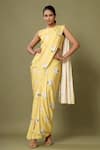 Buy_Pasha India_Yellow Crepe Floral Boat Pre-draped Saree With Blouse _at_Aza_Fashions