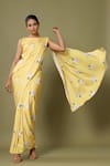 Buy_Pasha India_Yellow Crepe Floral Boat Pre-draped Saree With Blouse _Online_at_Aza_Fashions