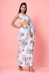 Pasha India_Blue Crepe Floral Print Boat Pre-draped Saree With Blouse _Online_at_Aza_Fashions