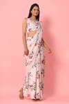 Pasha India_Peach Crepe Floral Boat Pre-draped Saree With Blouse _Online_at_Aza_Fashions