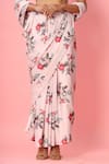 Pasha India_Peach Crepe Floral Boat Pre-draped Saree With Blouse _at_Aza_Fashions