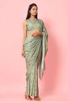 Shop_Pasha India_Green Crepe Floral Print Boat Pre-draped Saree With Blouse_at_Aza_Fashions