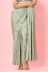Shop_Pasha India_Green Crepe Floral Print Boat Pre-draped Saree With Blouse_Online_at_Aza_Fashions