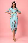 Buy_Pasha India_Blue Rayon Slub Floral And Stripes Collared Cropped Shirt & Skirt Set _at_Aza_Fashions