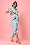 Shop_Pasha India_Blue Rayon Slub Floral And Stripes Collared Cropped Shirt & Skirt Set _at_Aza_Fashions