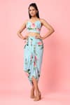 Buy_Pasha India_Blue Rayon Slub Floral Print And Stripes V Neck Crop Top & Skirt Set _at_Aza_Fashions