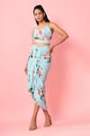 Buy_Pasha India_Blue Rayon Slub Floral Print And Stripes V Neck Crop Top & Skirt Set _Online_at_Aza_Fashions