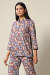 Shop_Pasha India_Blue Rayon Slub Floral Print Band Short Tunic And Pant Set_at_Aza_Fashions