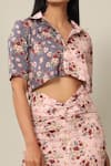 Pasha India Pink Rayon Slub Floral Print Spread Collar Cropped Shirt And Skirt Set at Aza Fashions Pasha India_Pink Rayon Slub Floral Print Spread Collar Cropped Shirt And Skirt Set _at_Aza_Fashions