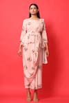 Pasha India_Pink Rayon Slub Floral Round Peplum Saree Dress With Belt _Online_at_Aza_Fashions