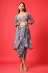 Buy_Pasha India_Blue Rayon Slub Floral Print Sweetheart Neck Cape And Skirt Set_at_Aza_Fashions