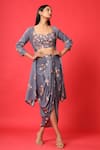 Shop_Pasha India_Blue Rayon Slub Floral Print Sweetheart Neck Cape And Skirt Set_at_Aza_Fashions