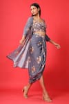 Pasha India_Blue Rayon Slub Floral Print Sweetheart Neck Cape And Skirt Set_Online_at_Aza_Fashions