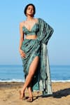 Buy_Vivek Patel_Green Habutai Print And Hand Paint Floral V Neck Saree Gown With Bustier _at_Aza_Fashions