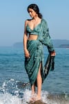 Buy_Vivek Patel_Green Habutai Print And Hand Paint Floral V Neck Saree Gown With Bustier _Online_at_Aza_Fashions