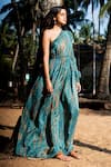 Buy_Vivek Patel_Green Habutai Print And Hand Paint Stroke Detail One Shoulder Gown _at_Aza_Fashions