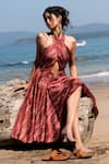 Buy_Vivek Patel_Brown Bemberg Satin Print And Hand Paint Stroke Detail Halter Neck Midi Dress _at_Aza_Fashions