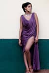 Buy_Vivek Patel_Purple Eco Bemberg Satin V Neck Sleeveless Draped Dress_at_Aza_Fashions