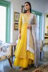 Buy_Neeta Bhargava_Yellow Organza, Tissue, Banarasi Chanderi Embroidered Anarkali Gharara Set _at_Aza_Fashions