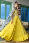 Shop_Neeta Bhargava_Yellow Organza, Silk Chanderi Floral V Neck Skirt Set _at_Aza_Fashions