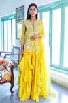 Buy_Neeta Bhargava_Yellow Organza, Chanderi Floral Notched Embroidered Kurta Gharara Set _at_Aza_Fashions