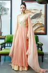 Buy_Neeta Bhargava_Peach Cotton, Tissue, Chiffon Floral V Neck Embroidered Anarkali Set _at_Aza_Fashions
