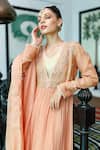 Shop_Neeta Bhargava_Peach Cotton, Tissue, Chiffon Floral V Neck Embroidered Anarkali Set _Online_at_Aza_Fashions
