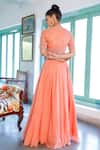 Shop_Neeta Bhargava_Peach Tissue Embroidery Geometric V Neck Skirt With Blouse Set _at_Aza_Fashions