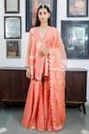 Buy_Neeta Bhargava_Peach Organza, Pure Silk Tissue Floral, Zardozi Embroidered Angrakha Sharara Set _at_Aza_Fashions