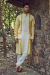 Buy_Amita Gupta_Yellow Cotton Silk Eco Print Kurta And Pant Set_at_Aza_Fashions